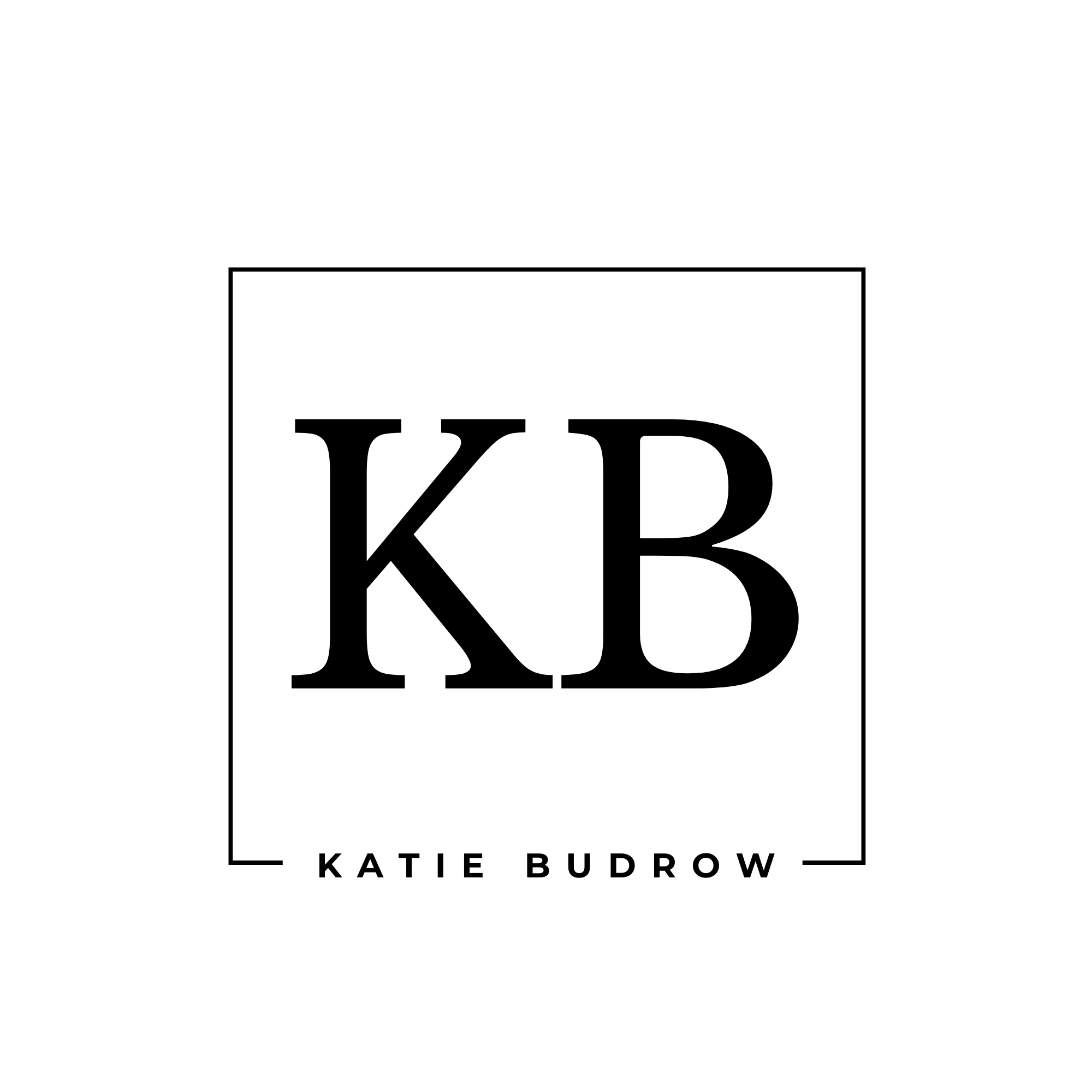 white logo with black writing that says "KB Katie Budrow" in a square